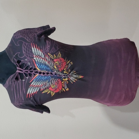 Affliction black label eagle wing jewelled t shirt burgandy black distressed - Picture 1 of 7